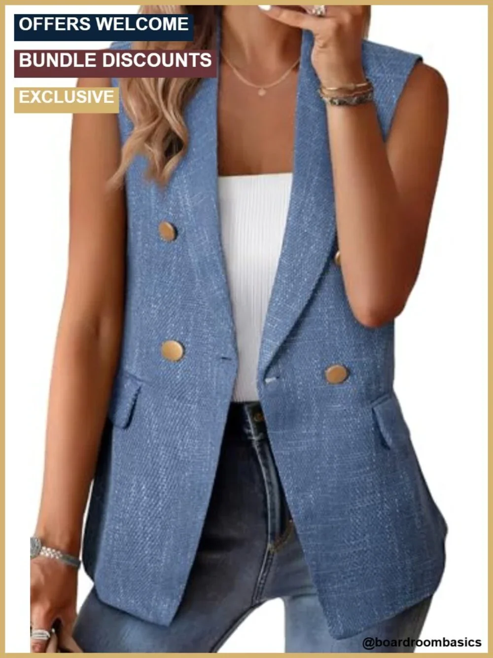 Sleeveless Tweed Blazer Vest Double Breasted Work Suit with Pockets